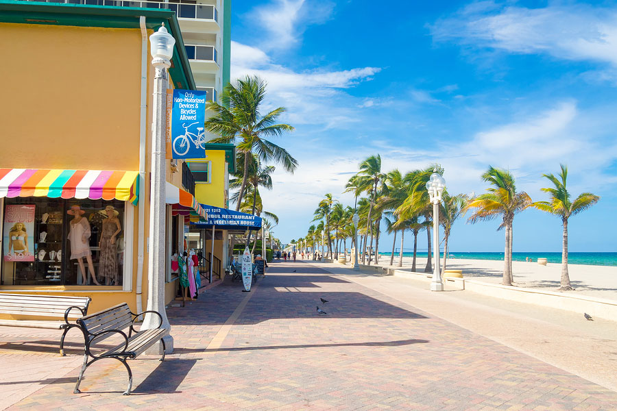 The famous Hollywood Beach boardwalk in Florida on a summer day